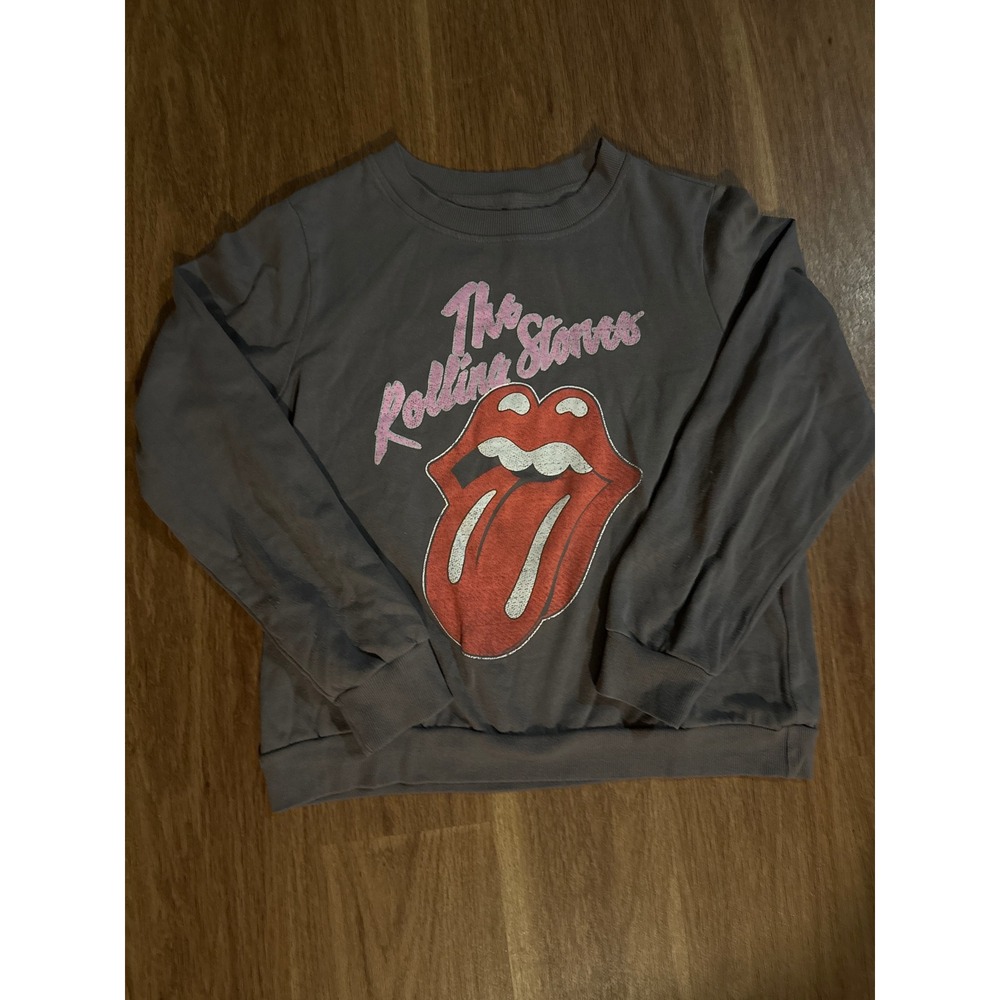 The Rolling Stones Womens Gray Graphic Crewneck Sweatshirt Pink Logo Size Medium